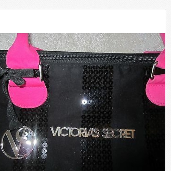 Victoria’s Secret Black Pink Sequined Tote Duffle Bag Shoulder Strap Good Size - Picture 9 of 9